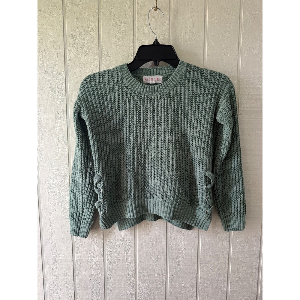 Pink Republic Girls Sage Green Chenille Lace Up Ribbed Knit Sweater Size S 7/8